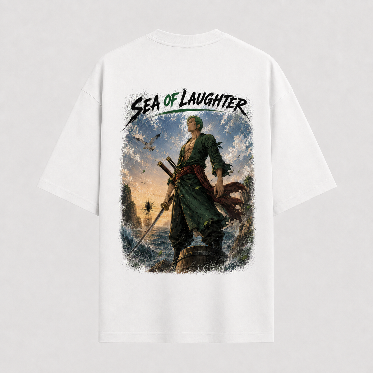 Sea Of Laughter - Zoro Standing Watch Oversized Graphic Tee - mockup