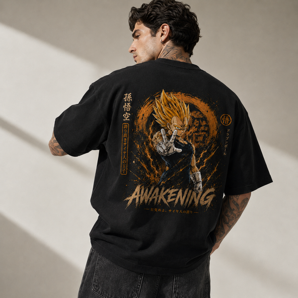 Awakening - Vegeta in Amber Aura, Directional Graphic Streetwear Tee - lifestyle