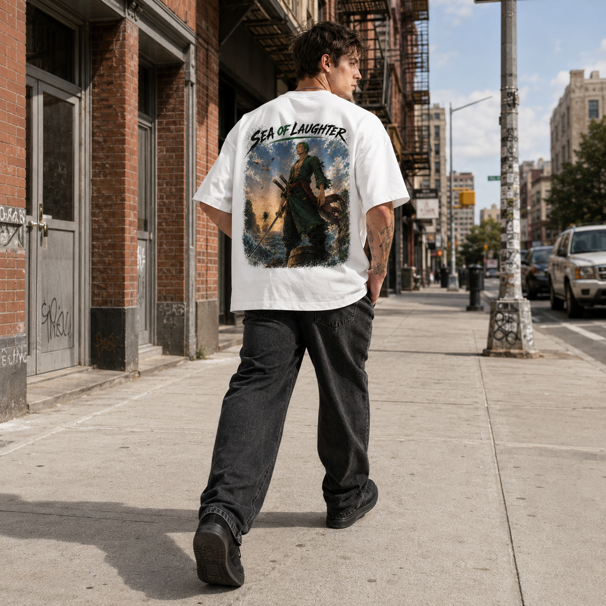 Sea Of Laughter - Zoro Standing Watch Oversized Graphic Tee - lifestyle