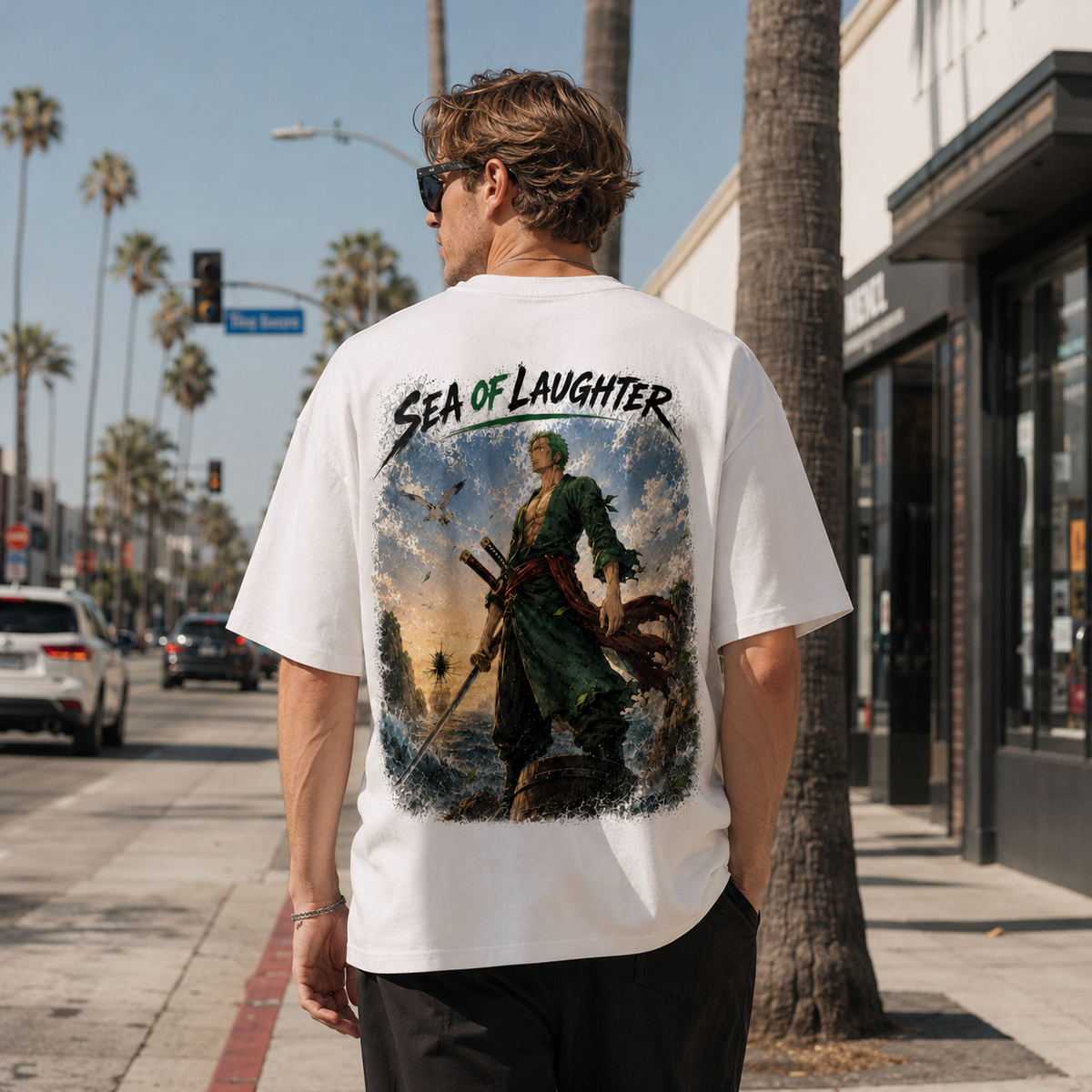 Sea Of Laughter - Zoro Standing Watch Oversized Graphic Tee - lifestyle