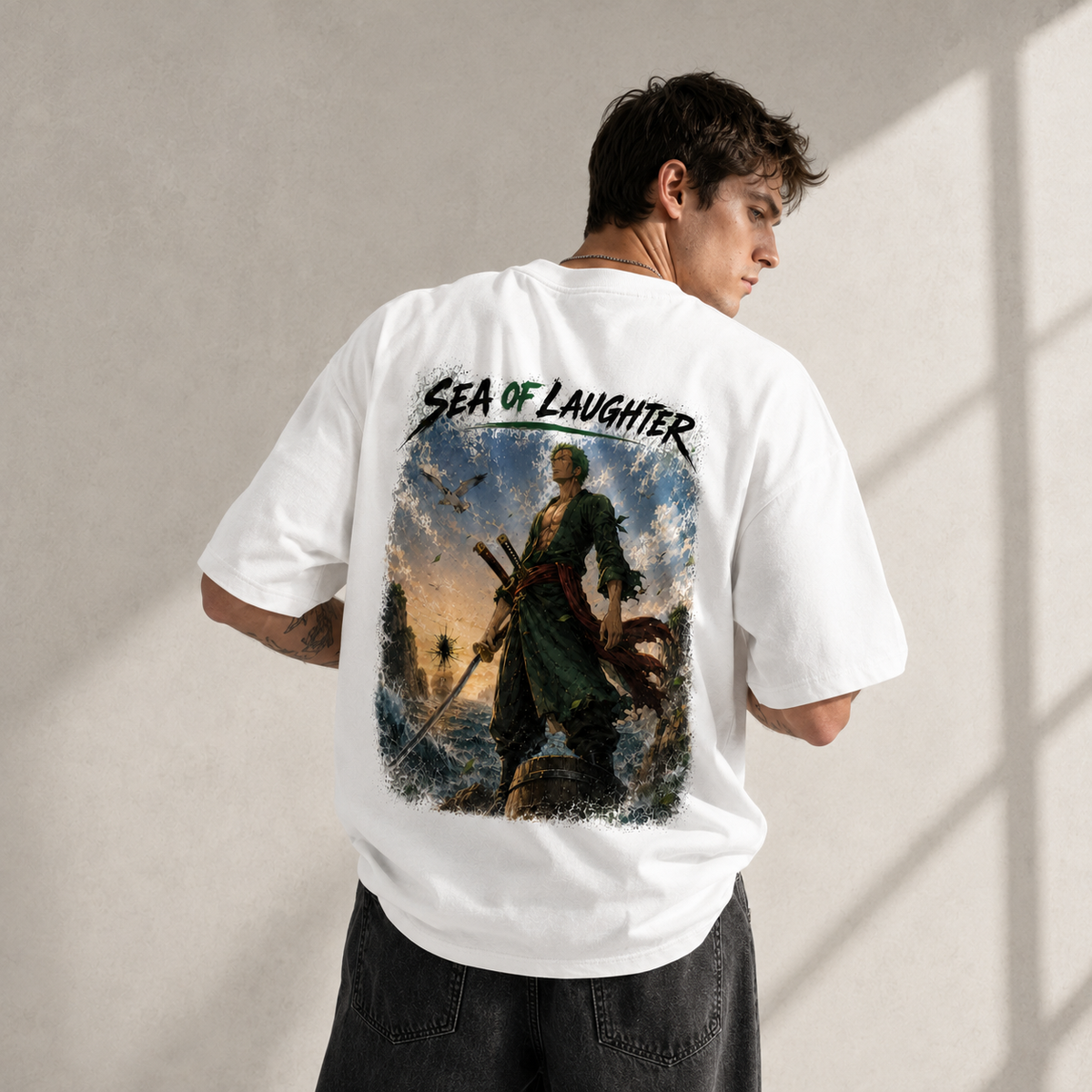 Sea Of Laughter - Zoro Standing Watch Oversized Graphic Tee - lifestyle