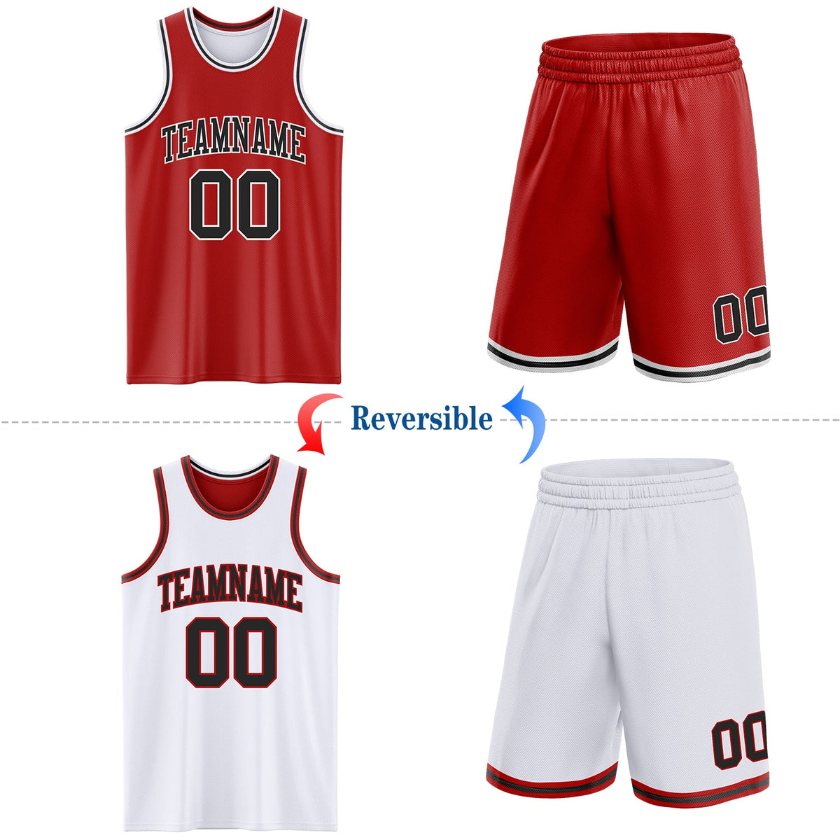 Custom Red Black-White Reversible Double Side Sublimation Basketball Set Jersey