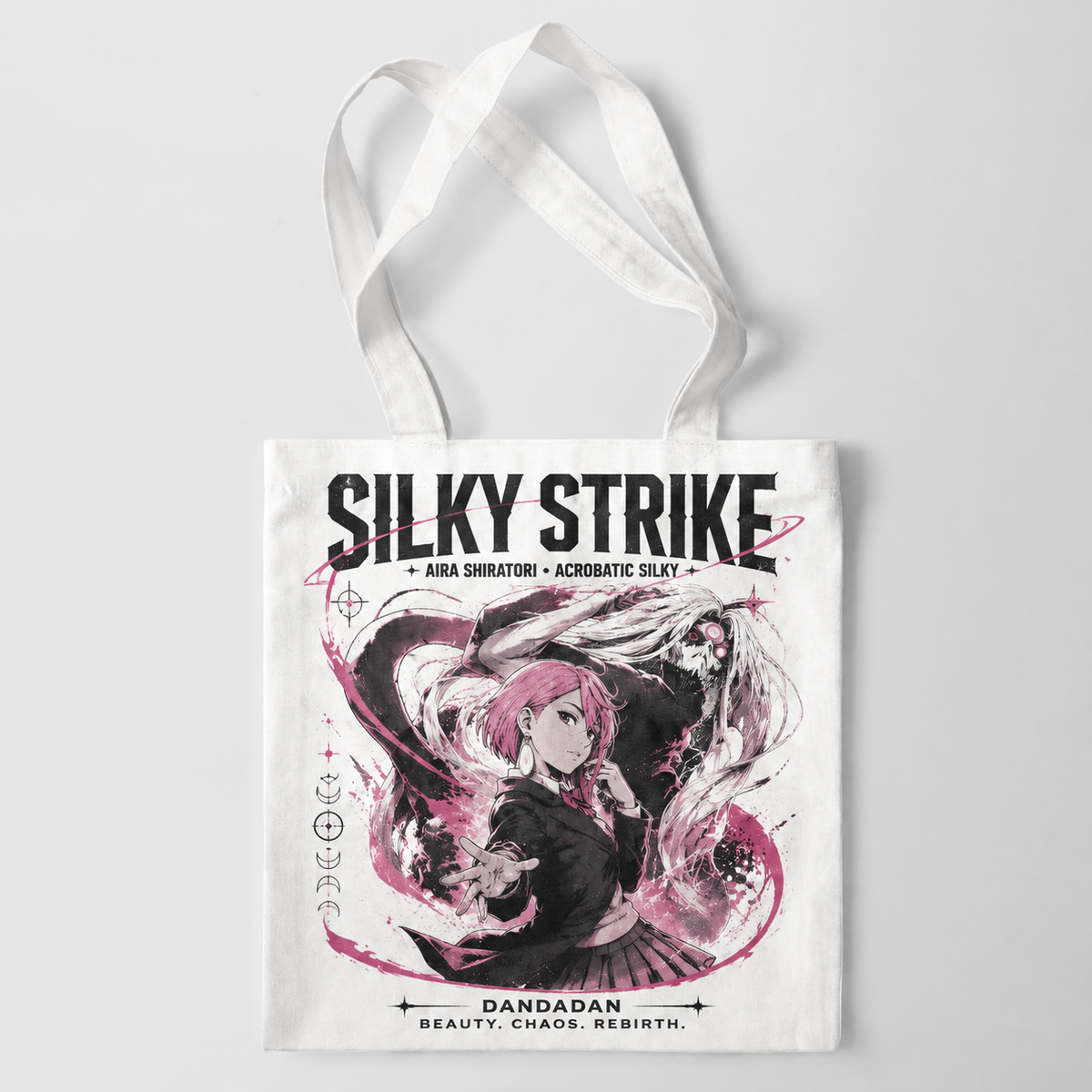 White tote bag with Aira Shiratori Dandadan Silky Strike graphic – photo 1