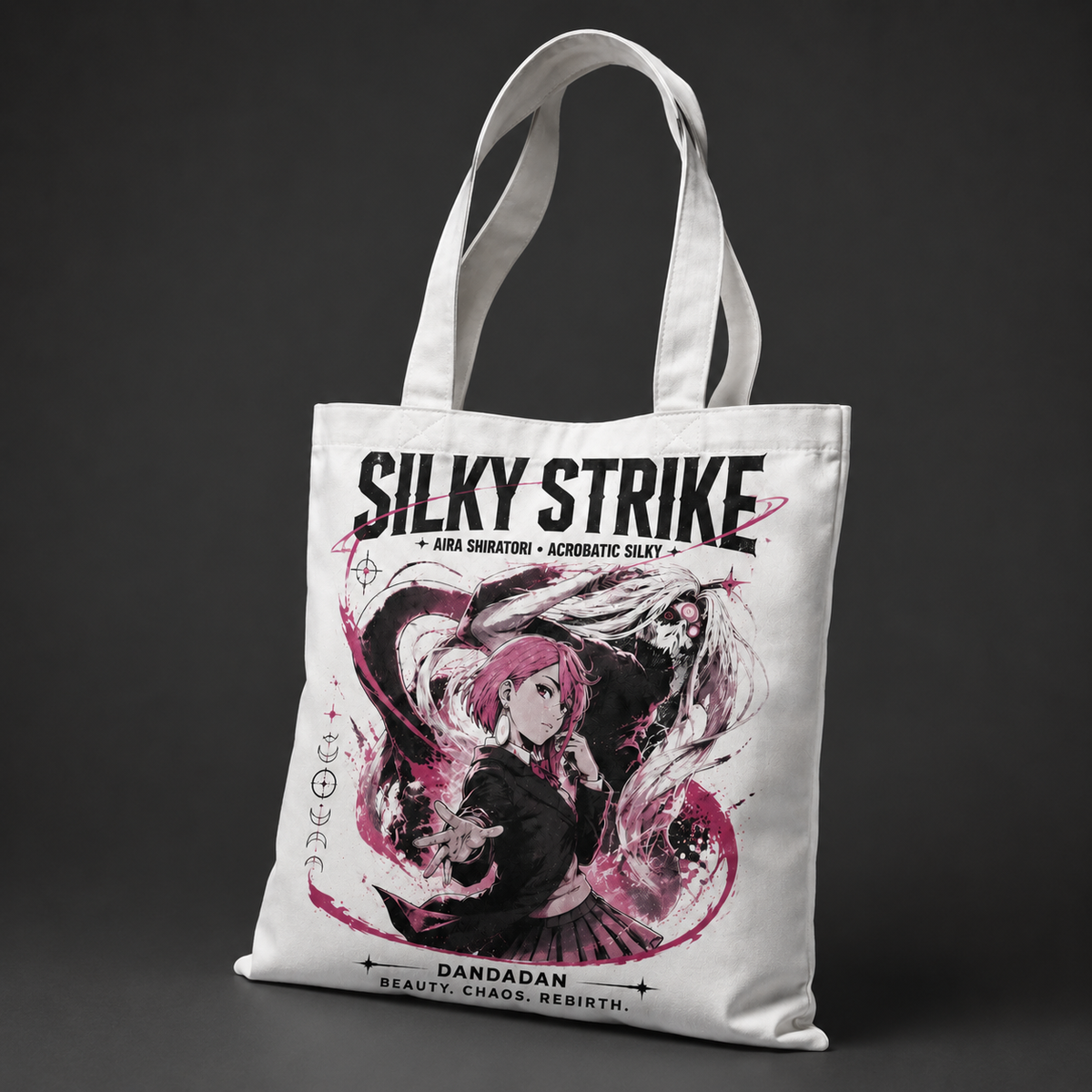 White tote bag with Aira Shiratori Dandadan Silky Strike graphic – photo 2