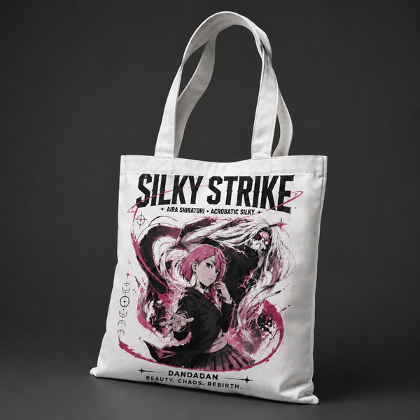 White tote bag with Aira Shiratori Dandadan Silky Strike graphic – photo 2