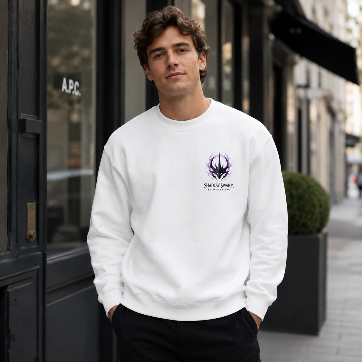White sweatshirt with Beru Solo Leveling Shadow Swarm graphic – photo 4