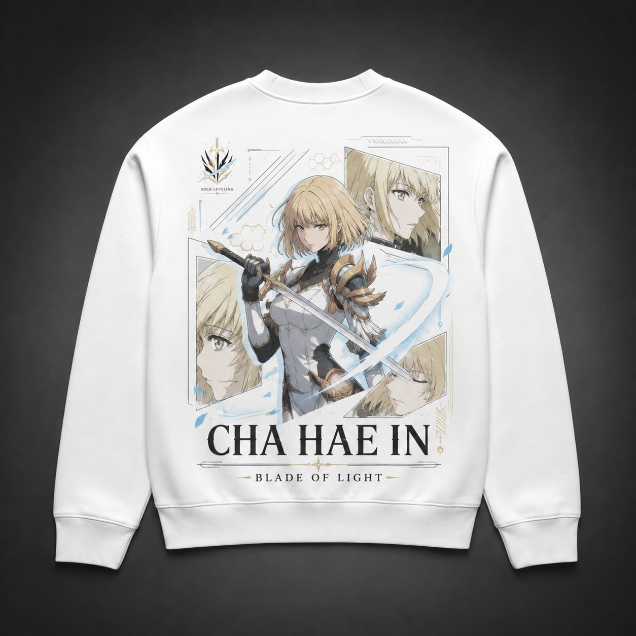 White sweatshirt with Cha Hae-In Solo Leveling Blade Of Light graphic – photo 1