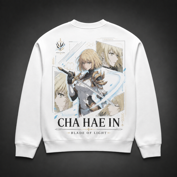 White sweatshirt with Cha Hae-In Solo Leveling Blade Of Light graphic – photo 1