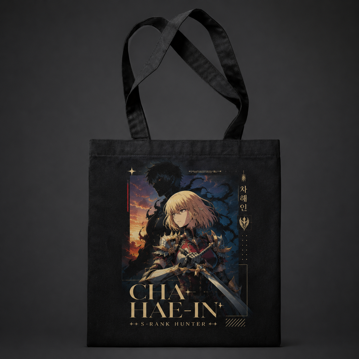 Black tote bag with Cha Hae-In Solo Leveling Cha Hae-In S-Rank Hunter graphic – photo 1