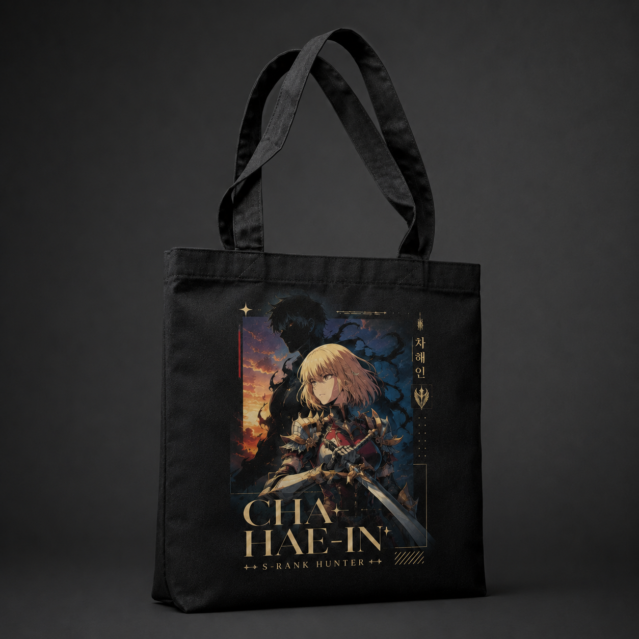 Black tote bag with Cha Hae-In Solo Leveling Cha Hae-In S-Rank Hunter graphic – photo 2