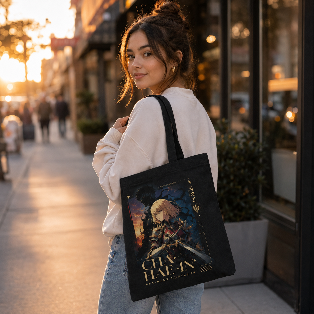Black tote bag with Cha Hae-In Solo Leveling Cha Hae-In S-Rank Hunter graphic – photo 3