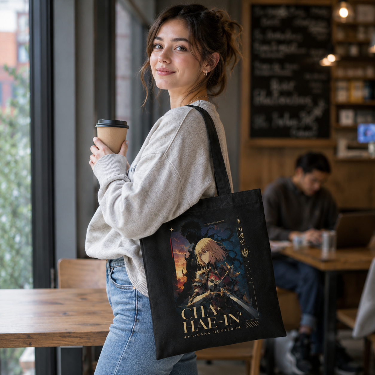 Black tote bag with Cha Hae-In Solo Leveling Cha Hae-In S-Rank Hunter graphic – photo 4