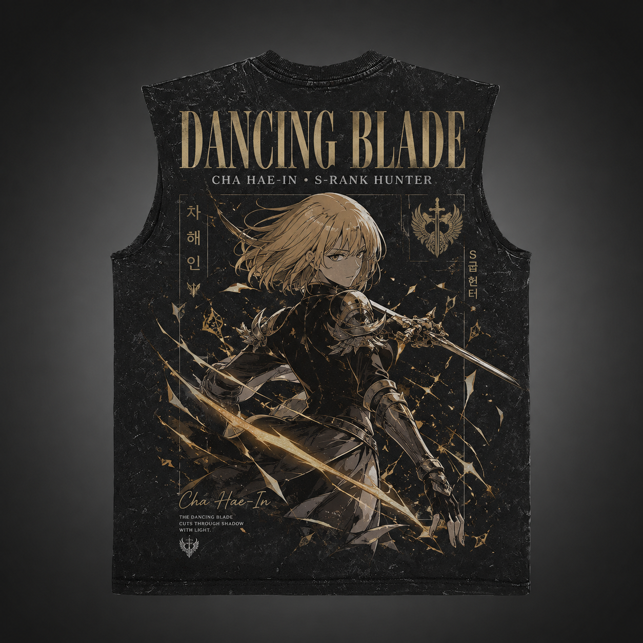 Washed black tank top with Cha Hae-In Solo Leveling Dancing Blade graphic – photo 1