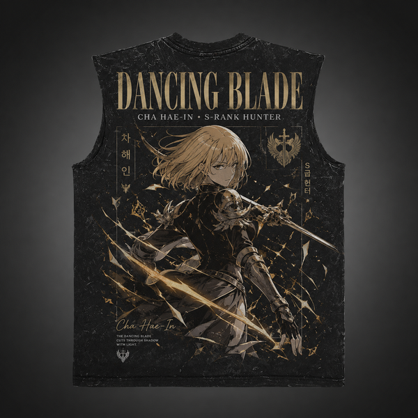 Washed black tank top with Cha Hae-In Solo Leveling Dancing Blade graphic – photo 1