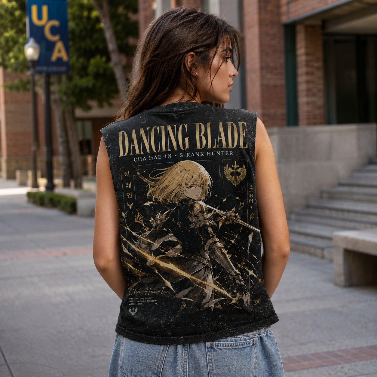 Washed black tank top with Cha Hae-In Solo Leveling Dancing Blade graphic – photo 3