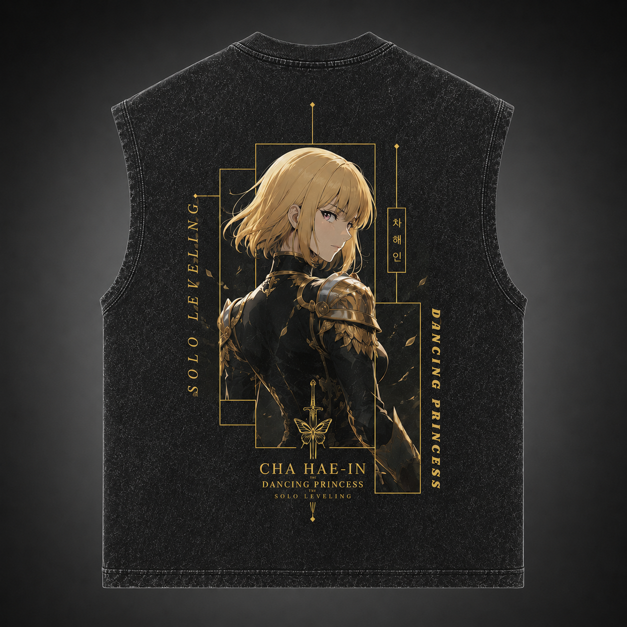 Washed black tank top with Cha Hae-In Solo Leveling Dancing Princess graphic – photo 1