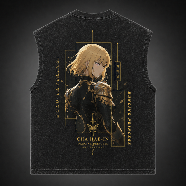 Washed black tank top with Cha Hae-In Solo Leveling Dancing Princess graphic – photo 1