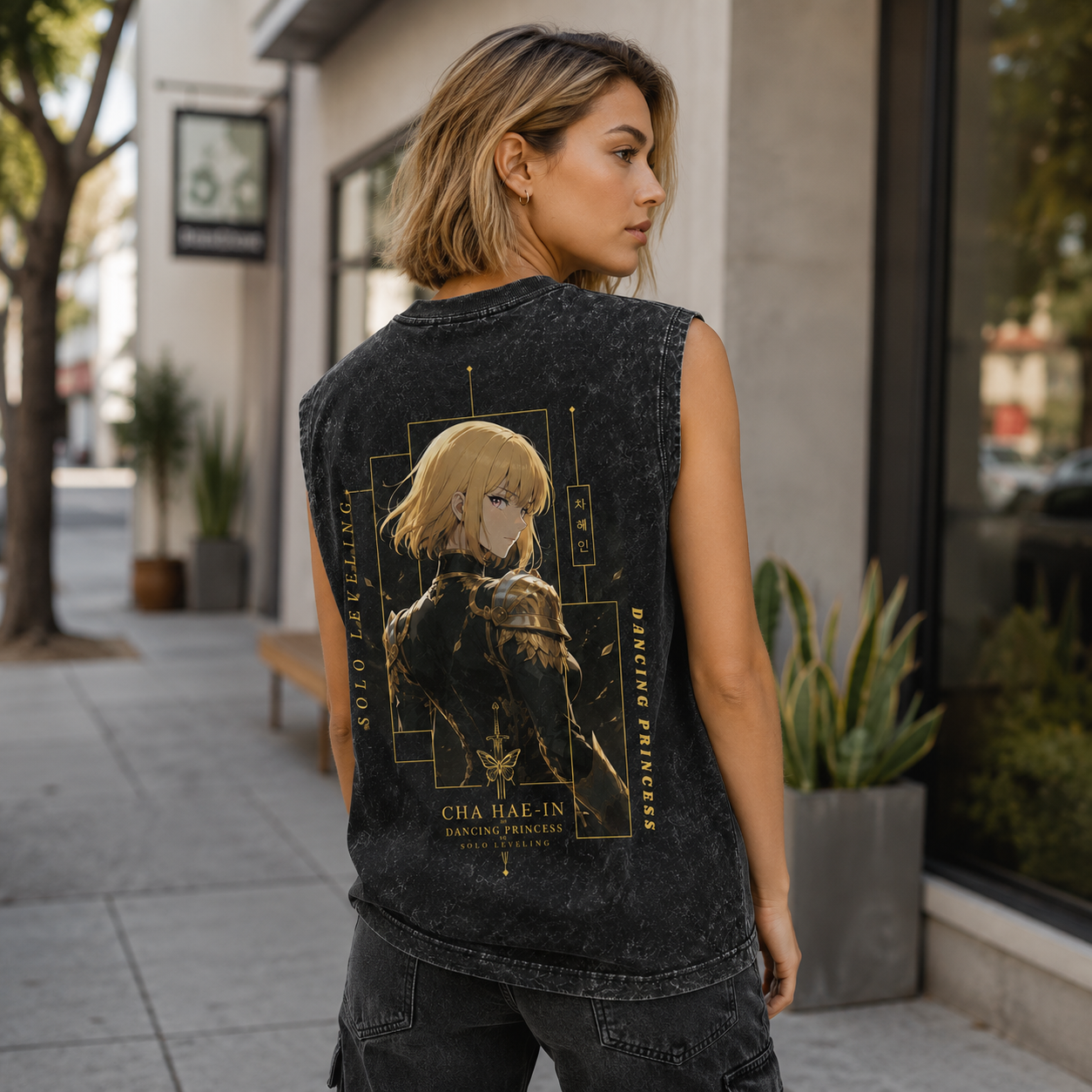Washed black tank top with Cha Hae-In Solo Leveling Dancing Princess graphic – photo 3