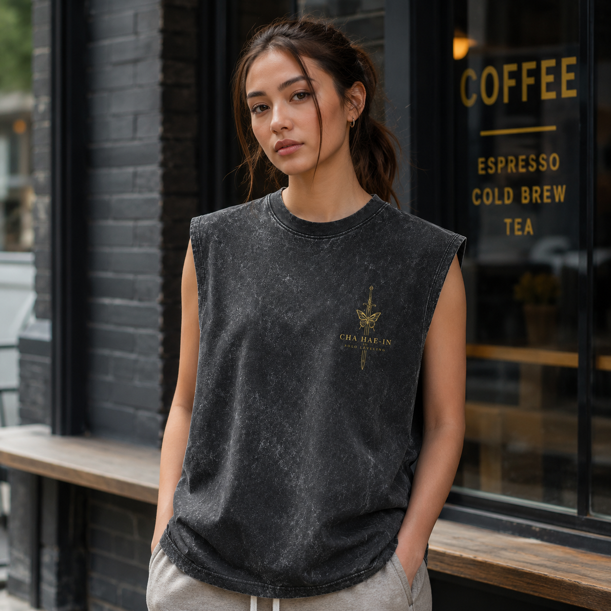 Washed black tank top with Cha Hae-In Solo Leveling Dancing Princess graphic – photo 4
