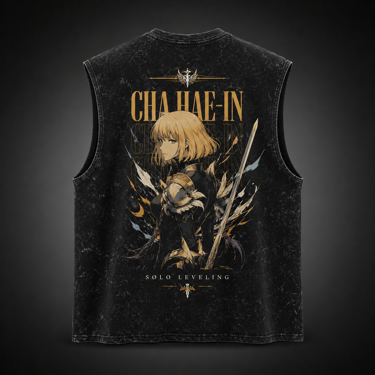 Washed black tank top with Cha Hae-In Solo Leveling Golden Blade graphic – photo 1
