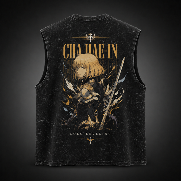 Washed black tank top with Cha Hae-In Solo Leveling Golden Blade graphic – photo 1