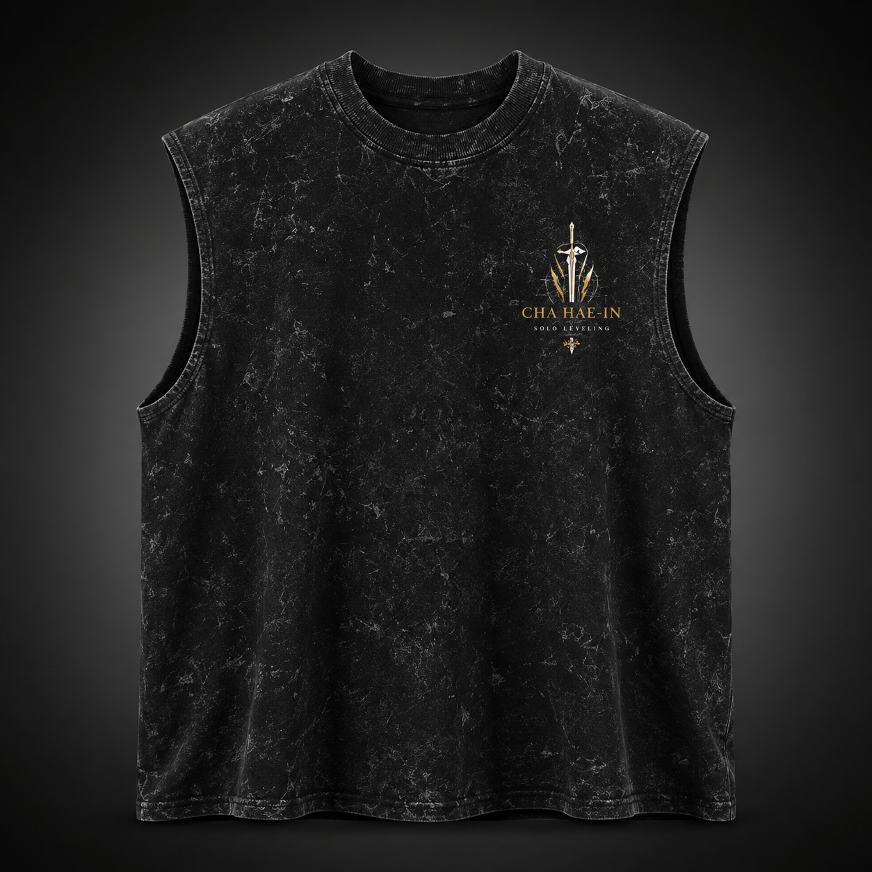 Washed black tank top with Cha Hae-In Solo Leveling Golden Blade graphic – photo 2