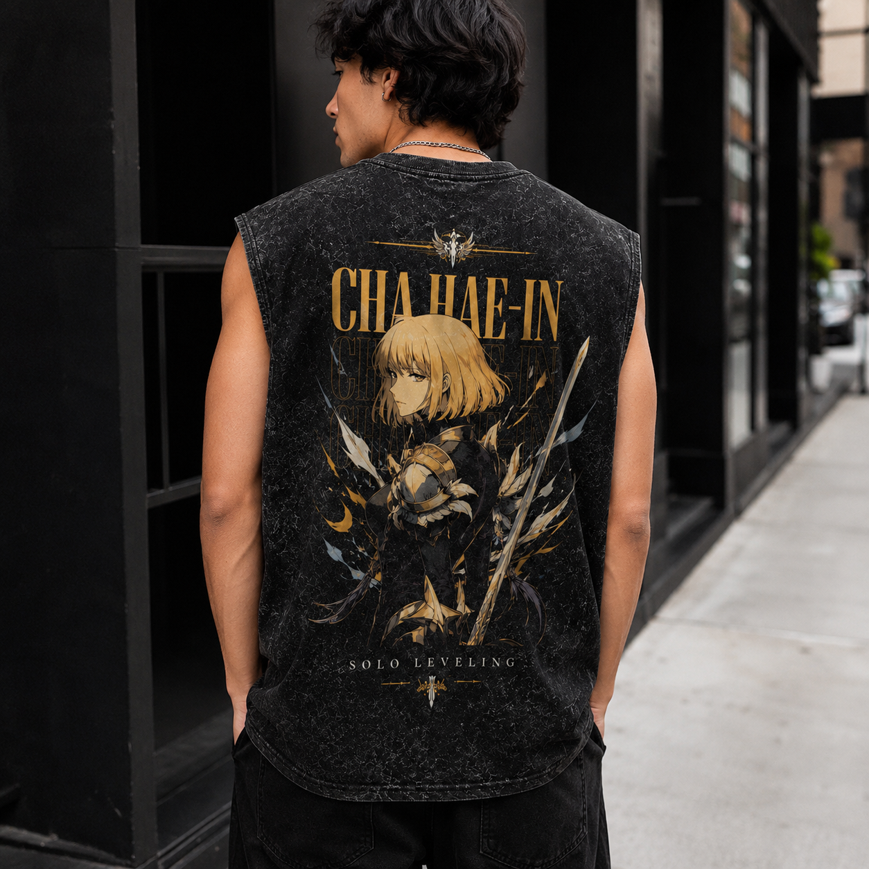 Washed black tank top with Cha Hae-In Solo Leveling Golden Blade graphic – photo 3