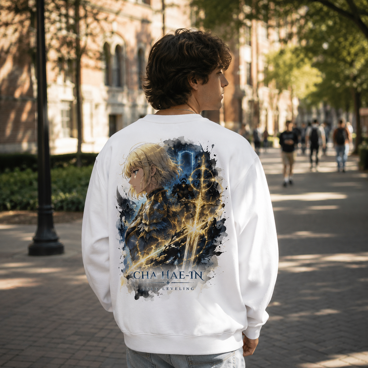 White sweatshirt with Cha Hae-In Solo Leveling Radiant Hunter graphic – photo 3