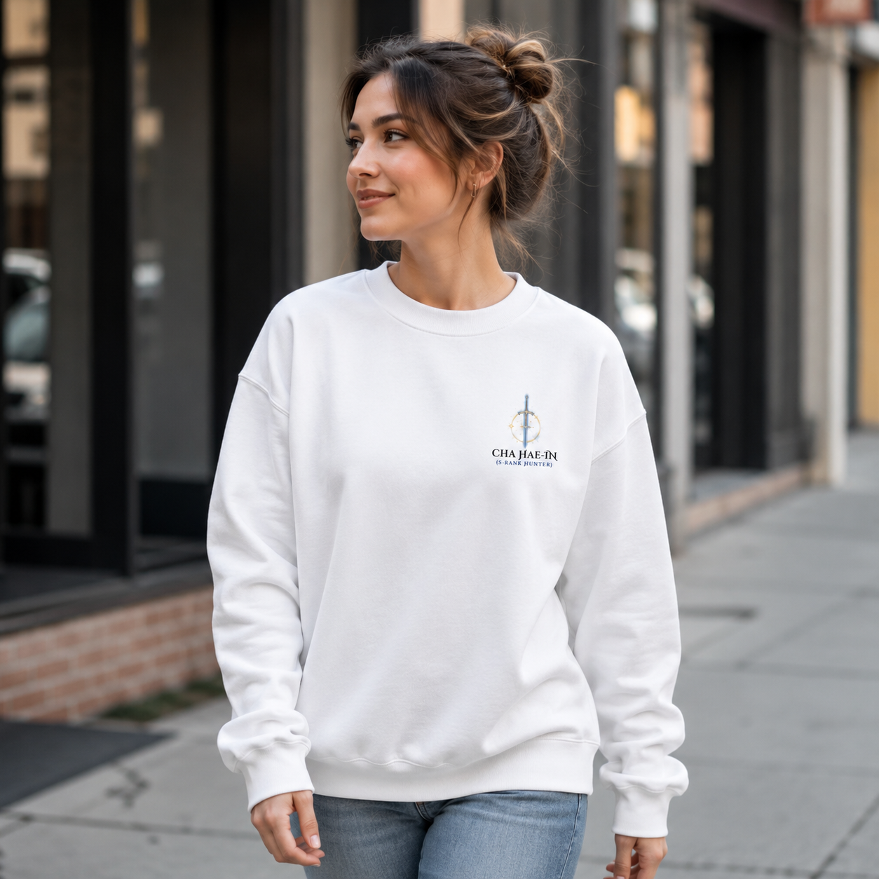 White sweatshirt with Cha Hae-In Solo Leveling Radiant Hunter graphic – photo 4