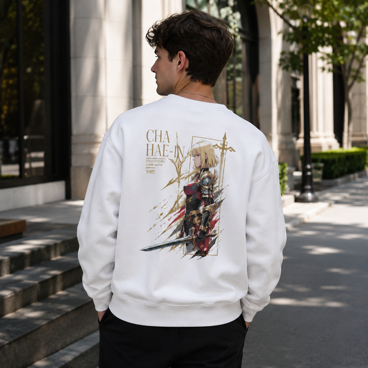 White sweatshirt with Cha Hae-In Solo Leveling S-Rank Hunter graphic – photo 3