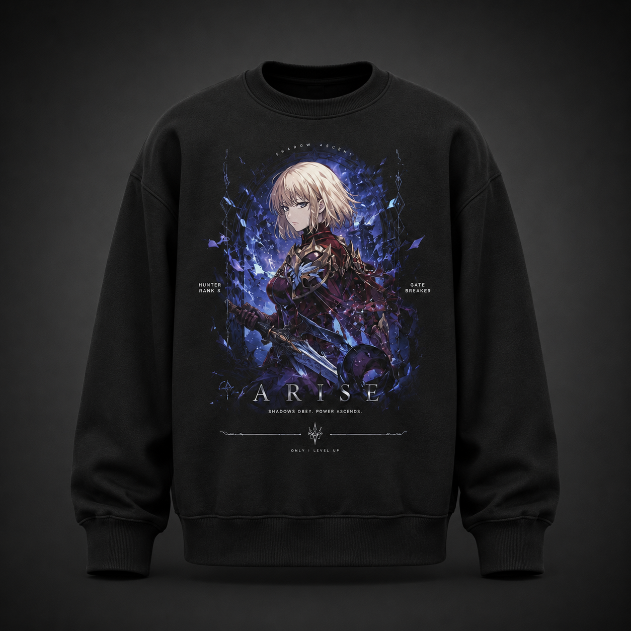 Black sweatshirt with Cha Hae-In Solo Leveling Shadow Ascent graphic – photo 2