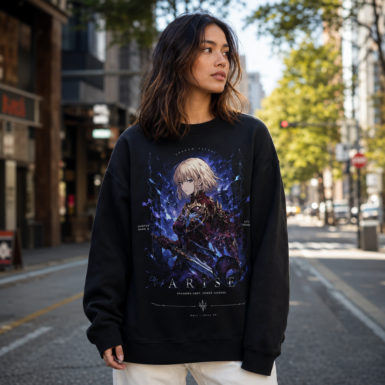 Black sweatshirt with Cha Hae-In Solo Leveling Shadow Ascent graphic – photo 4