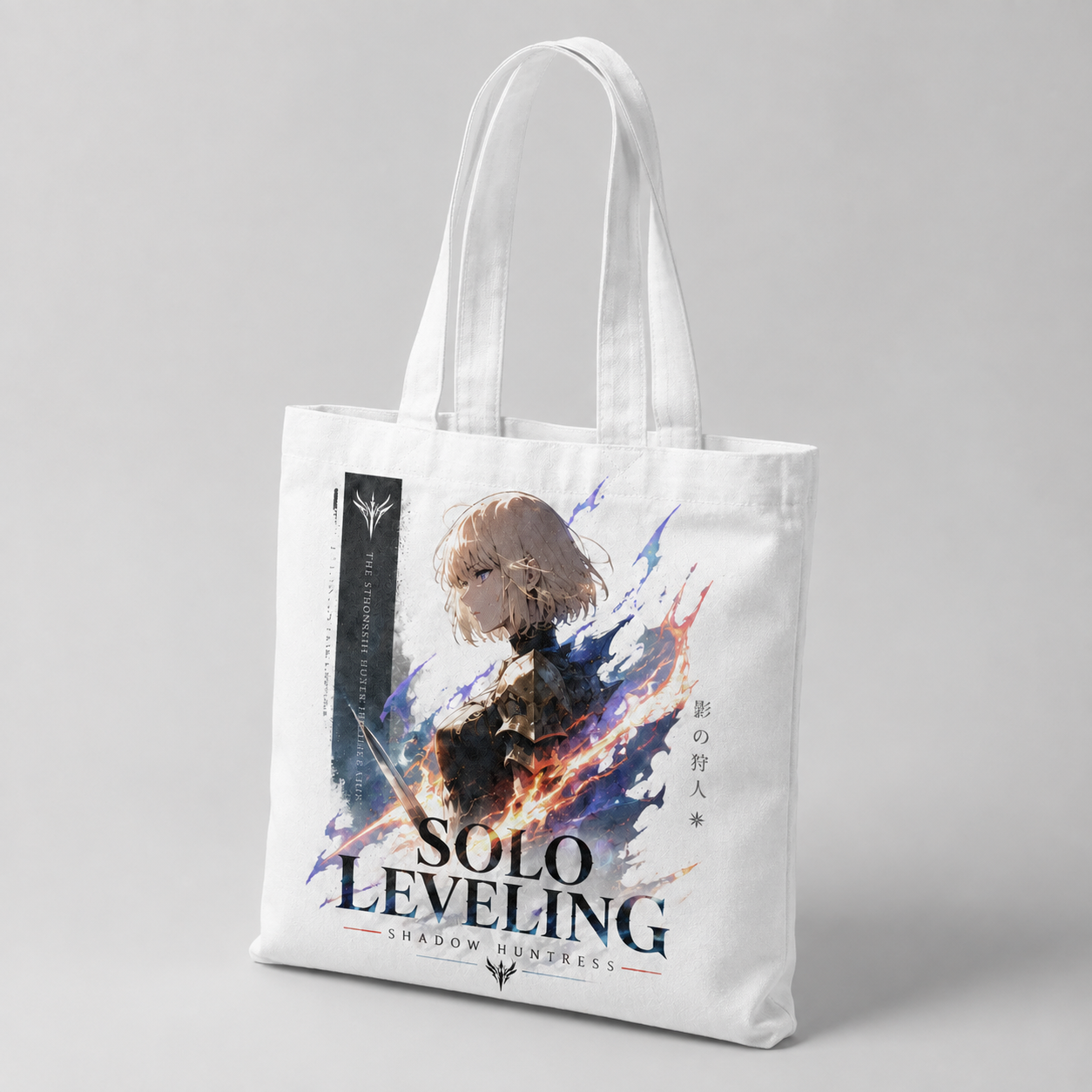 White tote bag with Cha Hae-In Solo Leveling Shadow Huntress graphic – photo 2