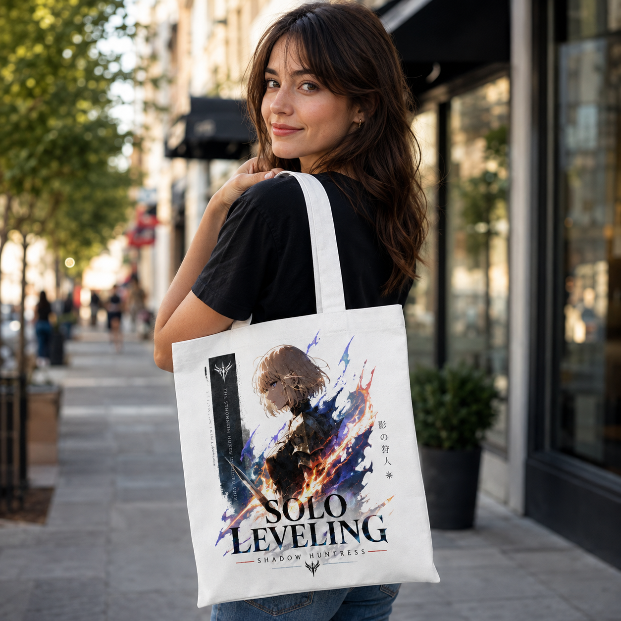 White tote bag with Cha Hae-In Solo Leveling Shadow Huntress graphic – photo 3