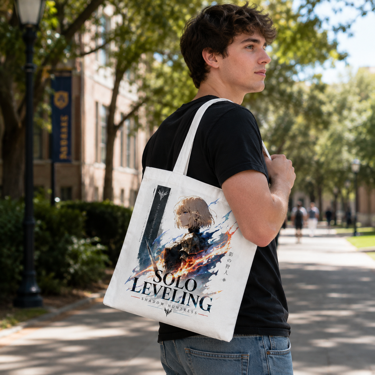 White tote bag with Cha Hae-In Solo Leveling Shadow Huntress graphic – photo 4