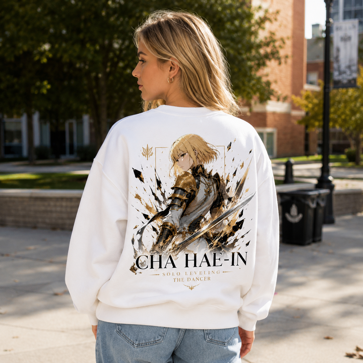 White sweatshirt with Cha Hae-In Solo Leveling The Dancer graphic – photo 3