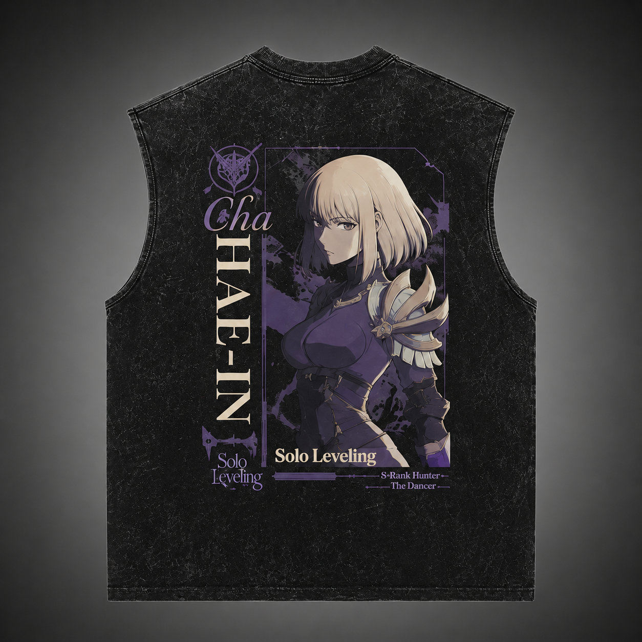 Washed black tank top with Cha Hae-In Solo Leveling The Dancer graphic – photo 1