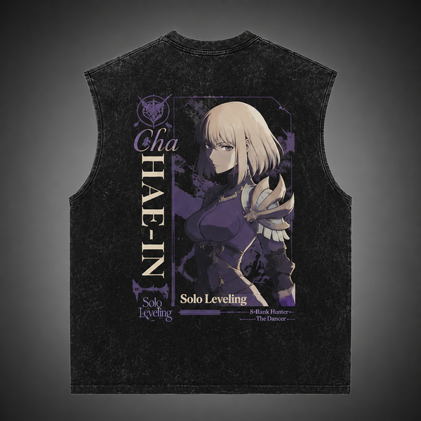 Washed black tank top with Cha Hae-In Solo Leveling The Dancer graphic – photo 1