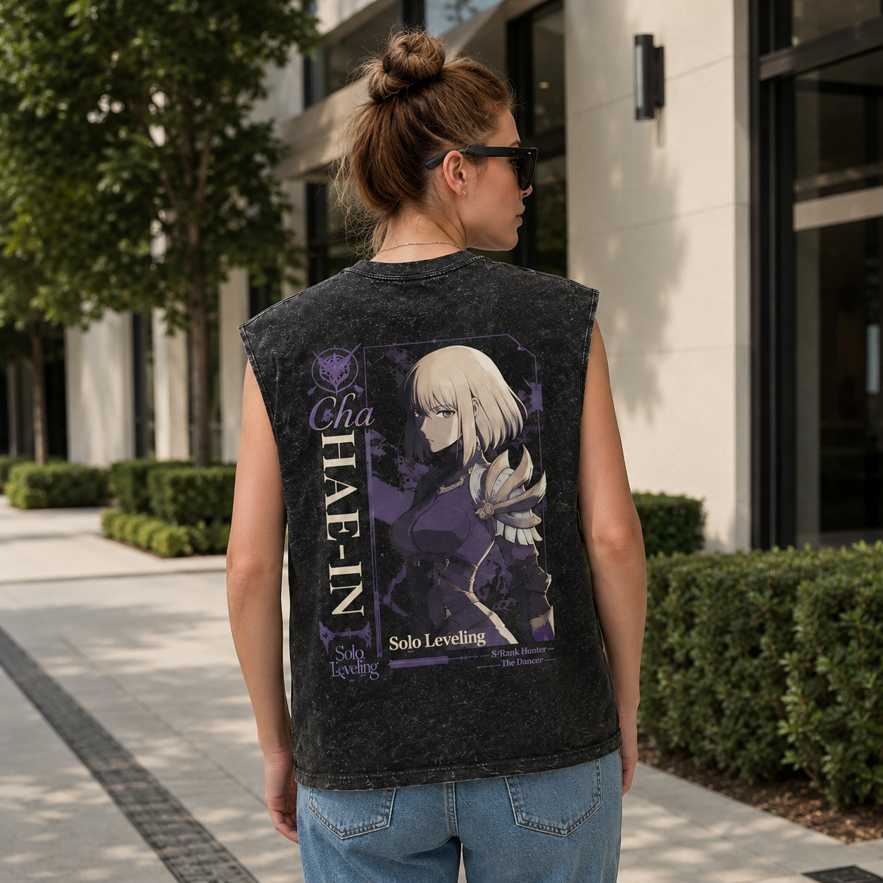 Washed black tank top with Cha Hae-In Solo Leveling The Dancer graphic – photo 3