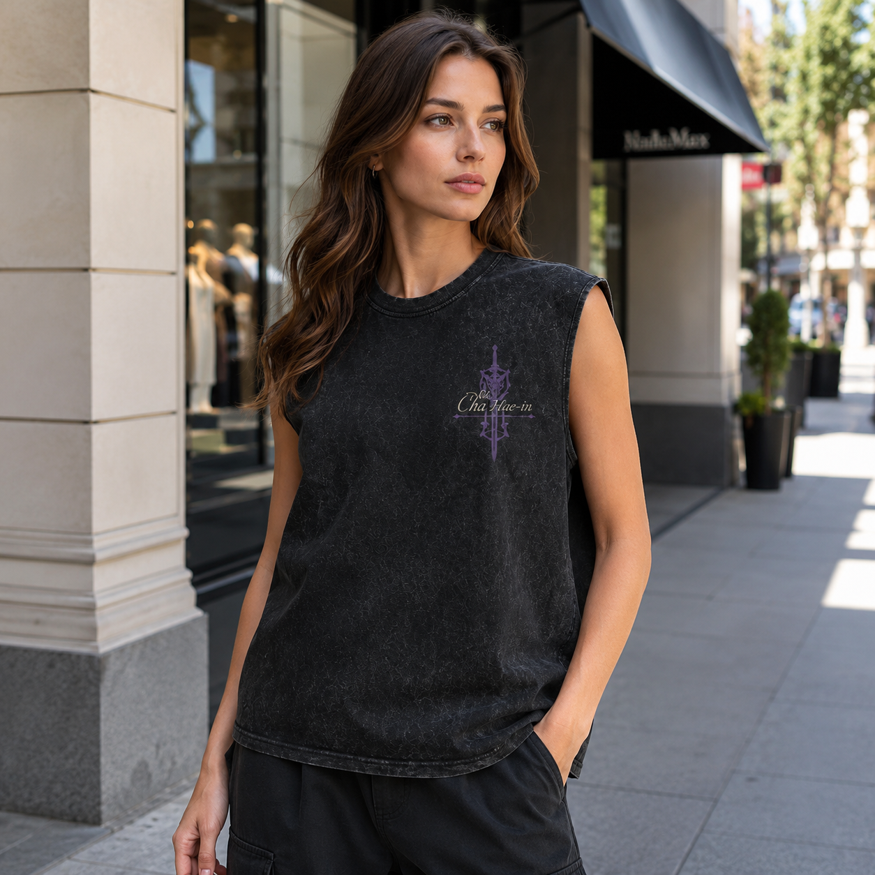Washed black tank top with Cha Hae-In Solo Leveling The Dancer graphic – photo 4
