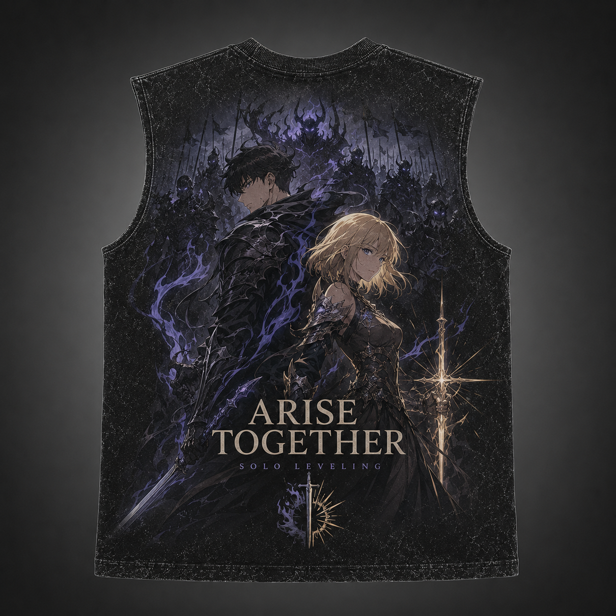 Washed black tank top with Cha Hae-In & Sung Jin-Woo Solo Leveling Arise Together graphic – photo 1