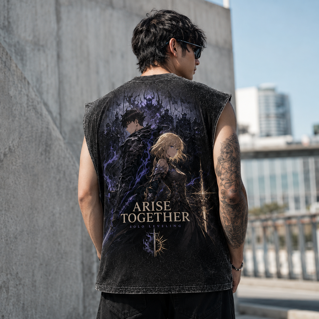 Washed black tank top with Cha Hae-In & Sung Jin-Woo Solo Leveling Arise Together graphic – photo 3