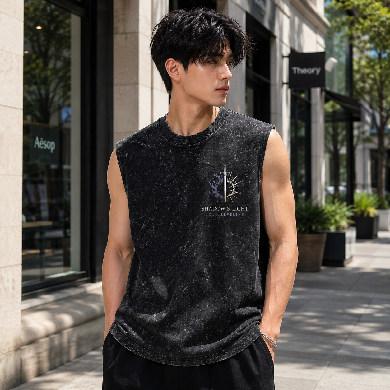 Washed black tank top with Cha Hae-In & Sung Jin-Woo Solo Leveling Arise Together graphic – photo 4