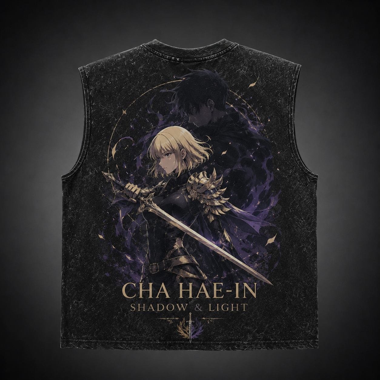 Washed black tank top with Cha Hae-In & Sung Jin-Woo Solo Leveling Shadow And Light graphic – photo 1