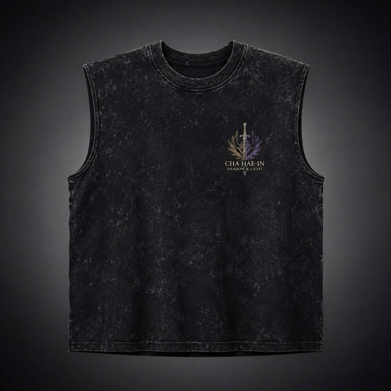 Washed black tank top with Cha Hae-In & Sung Jin-Woo Solo Leveling Shadow And Light graphic – photo 2