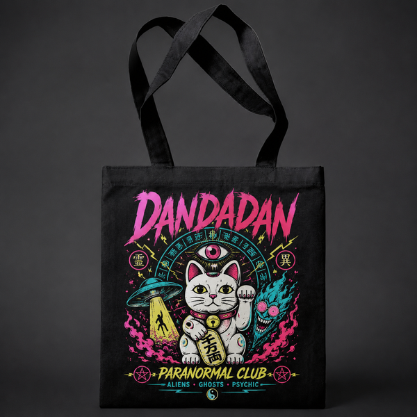 Black tote bag with Dandadan Paranormal Club graphic – photo 1