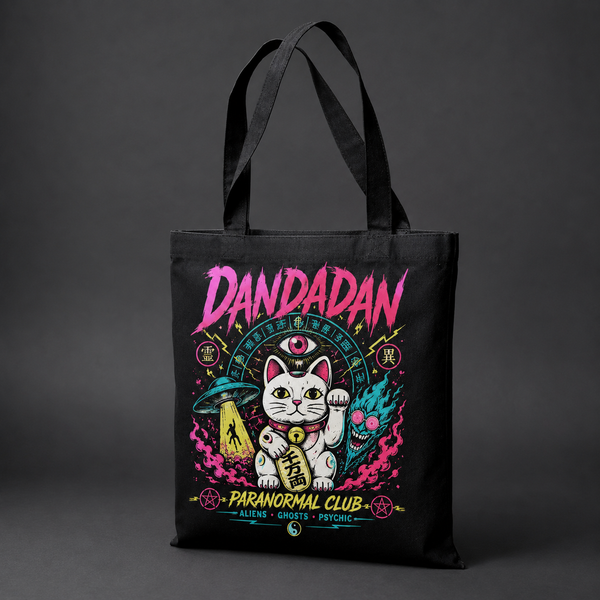 Black tote bag with Dandadan Paranormal Club graphic – photo 2