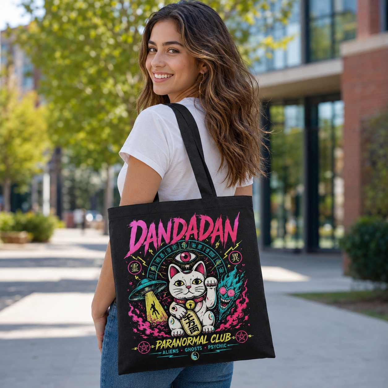 Black tote bag with Dandadan Paranormal Club graphic – photo 3