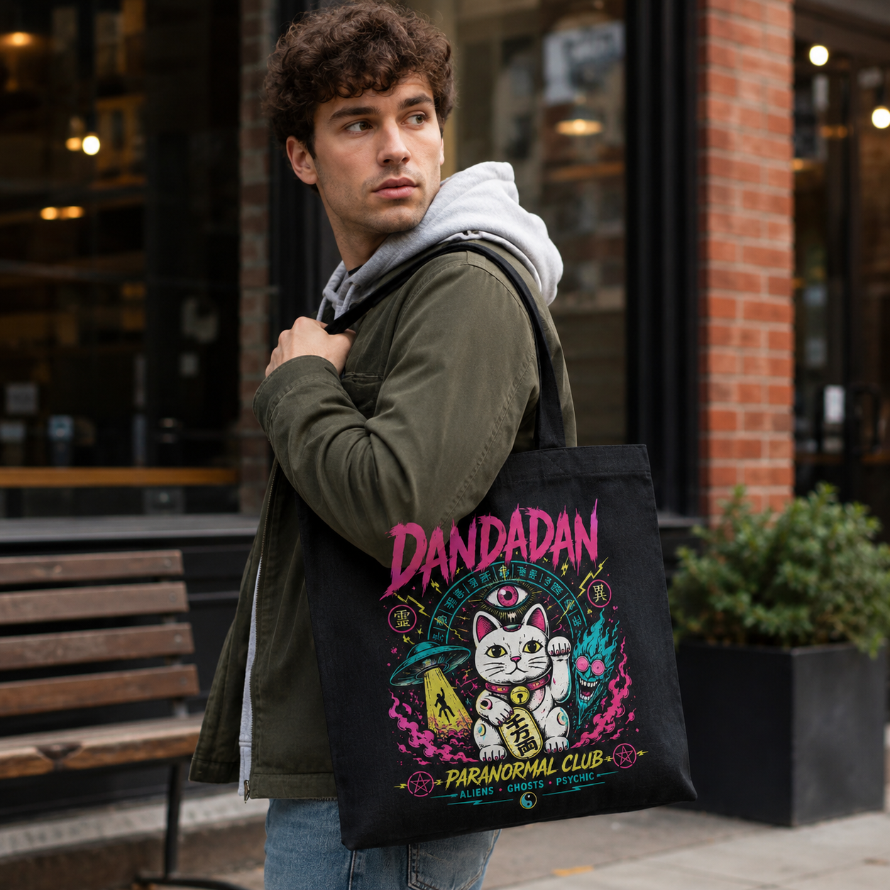 Black tote bag with Dandadan Paranormal Club graphic – photo 4