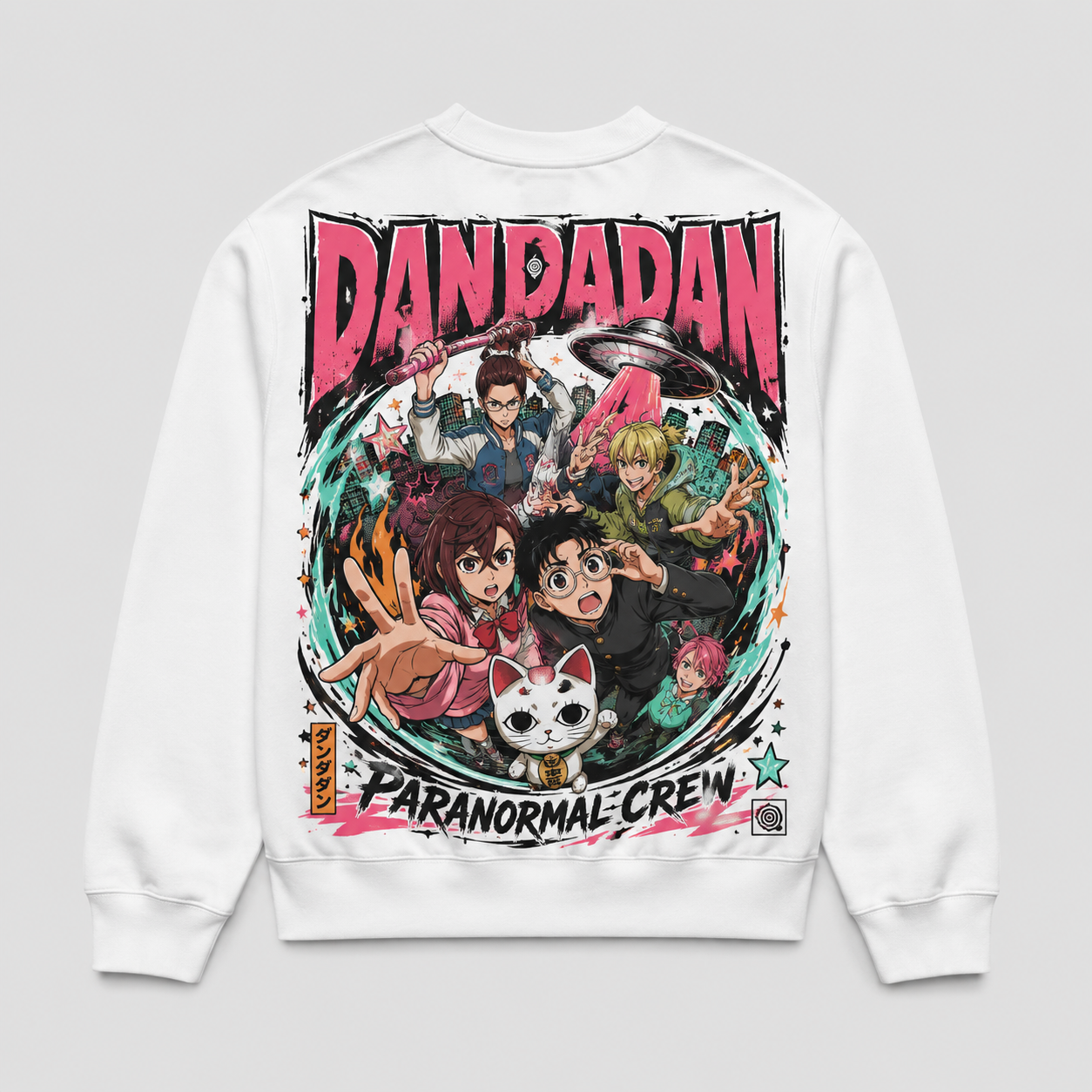 White sweatshirt with Dandadan Paranormal Crew graphic – photo 1